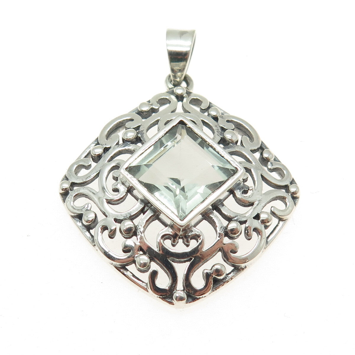 925 Sterling Silver Vintage Real Green Amethyst Swirl Cushion Pendant