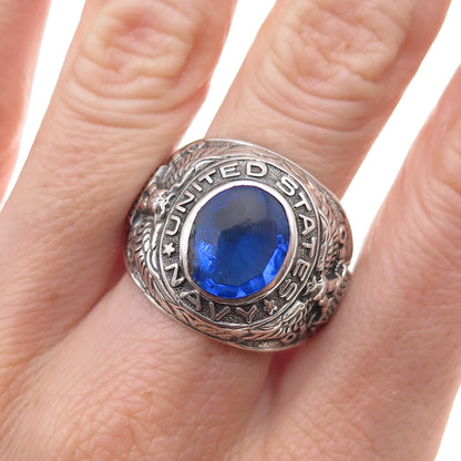 Uncas 925 Sterling Silver Vintage Blue C Z US Navy Ring Size 12