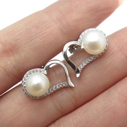 925 Sterling Silver Real Pearl & C Z Open Heart Stud Earrings