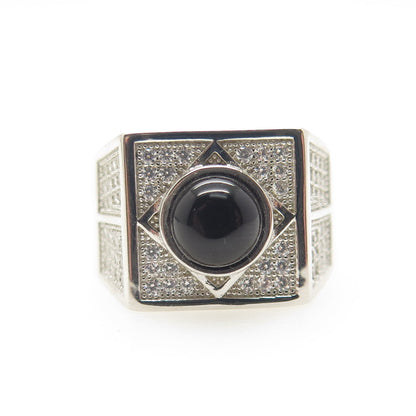 925 Sterling Silver Real Black Onyx Gemstone & C Z Ring Size 9.25