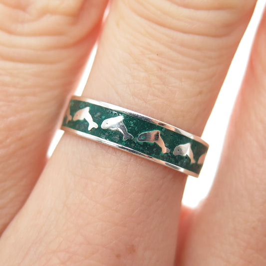 925 Sterling Silver Vintage Real Turquoise Inlay Dolphin Band Ring Size 6.75