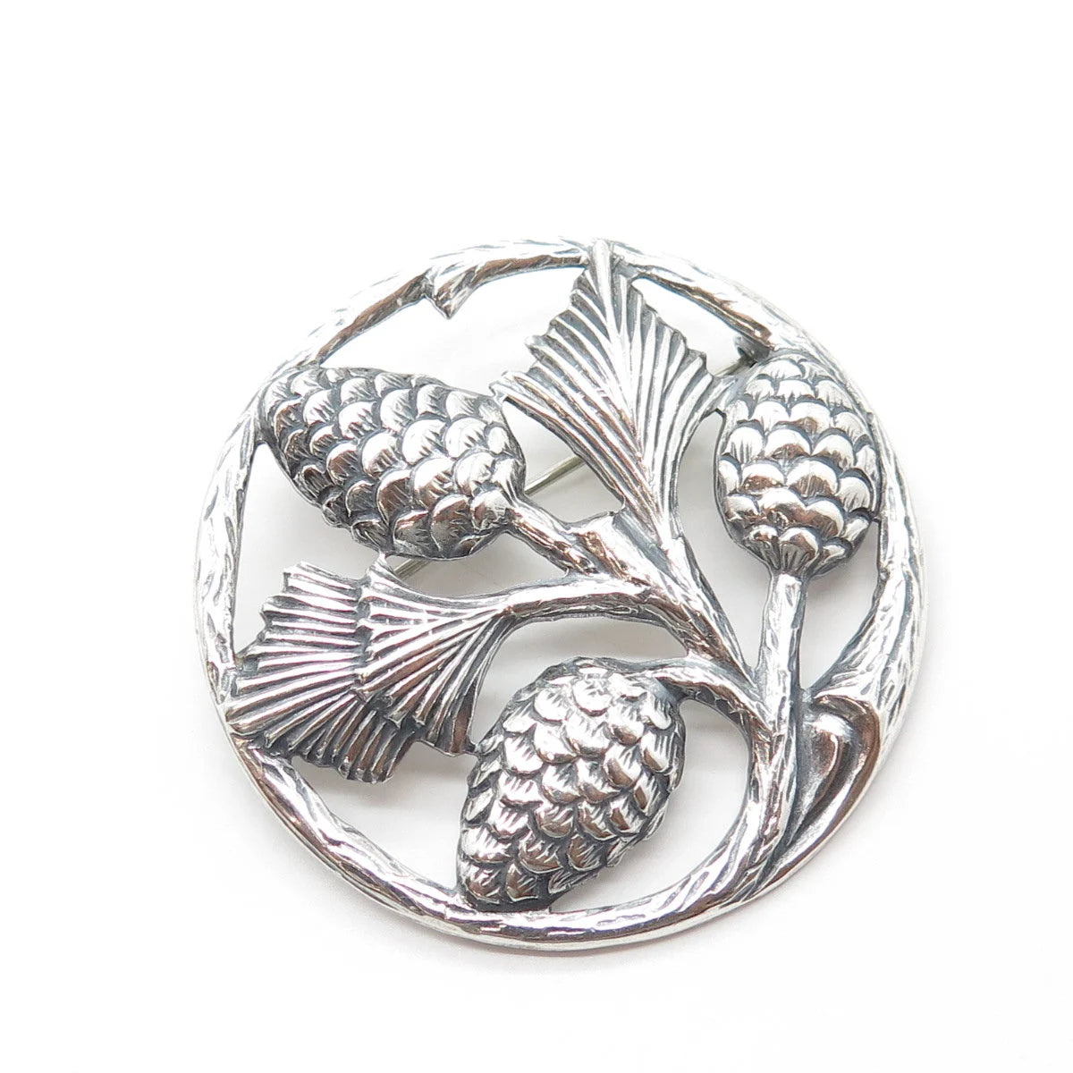 925 Sterling Silver Vintage Thistle Floral For Good Luck Pin Brooch