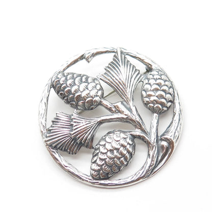 925 Sterling Silver Vintage Thistle Floral For Good Luck Pin Brooch