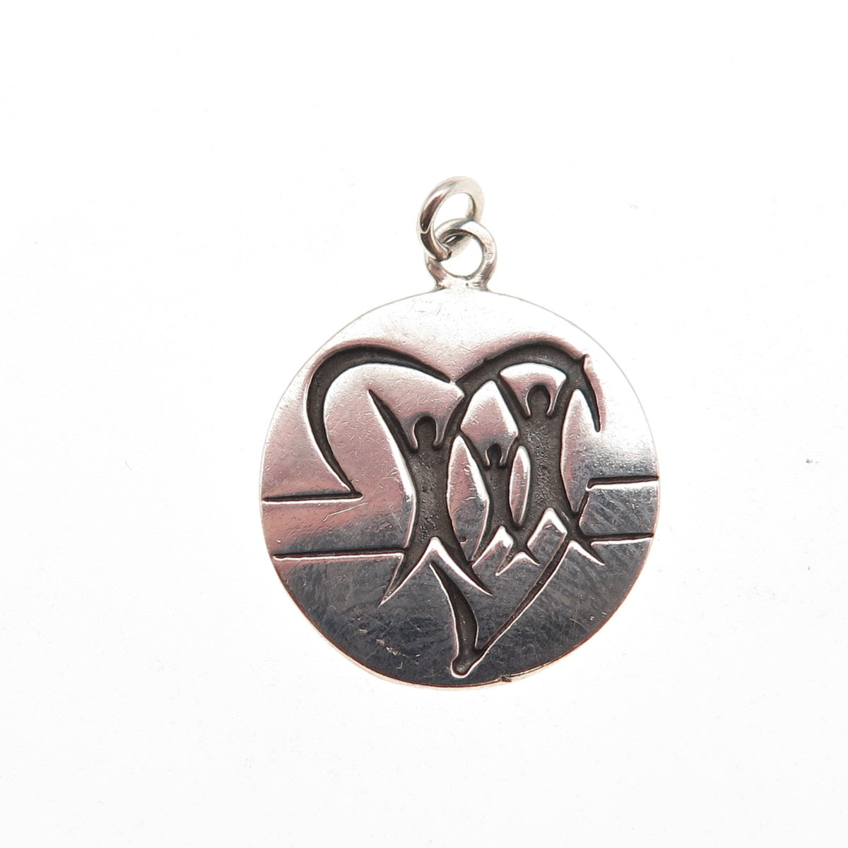 925 Sterling Silver Vintage Family Heart Round Tag Mini Charm Pendant