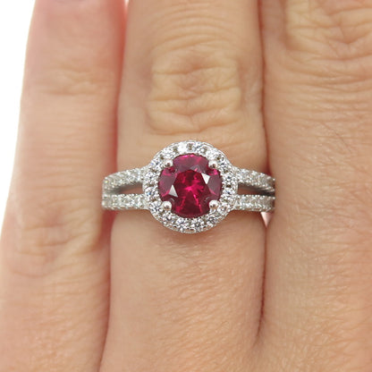 925 Sterling Silver Round-Cut Lab-Created Ruby & C Z Engagement Ring Size 5.25