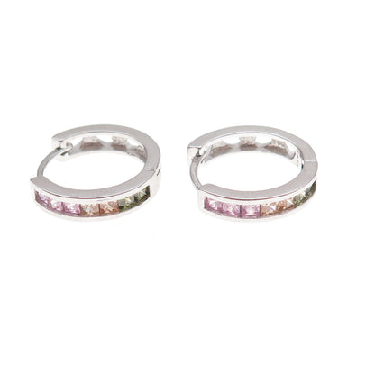 925 Sterling Silver Princess-Cut Multi-Color C Z Hoop Earrings
