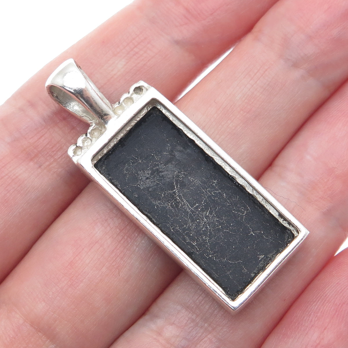 925 Sterling Silver Vintage Real Black Onyx Gemstone Bar Pendant