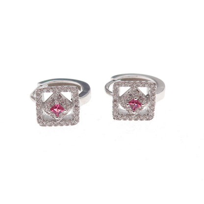 925 Sterling Silver Pink & White C Z Hoop Earrings