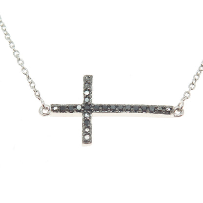 SUN 925 Sterling Silver Real Round-Cut Black Diamond Cross Chain Necklace 16"