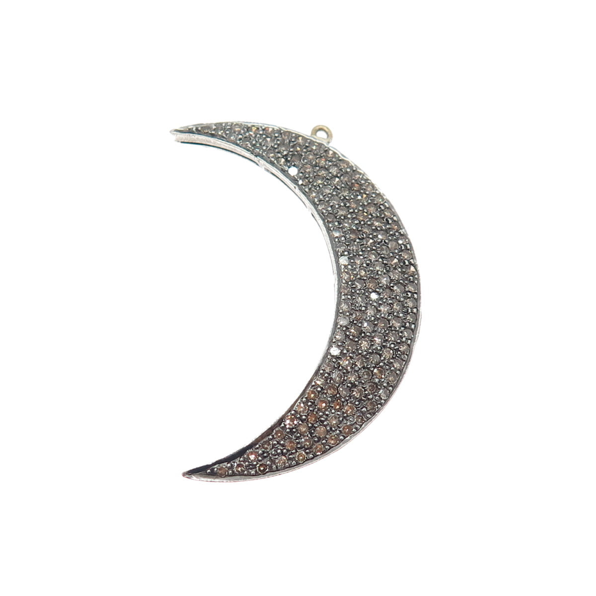 925 Sterling Silver Real Round-Cut Diamond Crescent Moon Oxidized Pendant