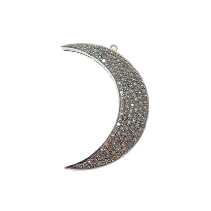 925 Sterling Silver Real Round-Cut Diamond Crescent Moon Oxidized Pendant