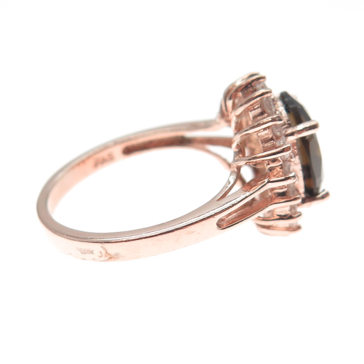 925 Sterling Silver Rose Gold Plated Real Smoky Quartz & C Z Ring Size 7.5