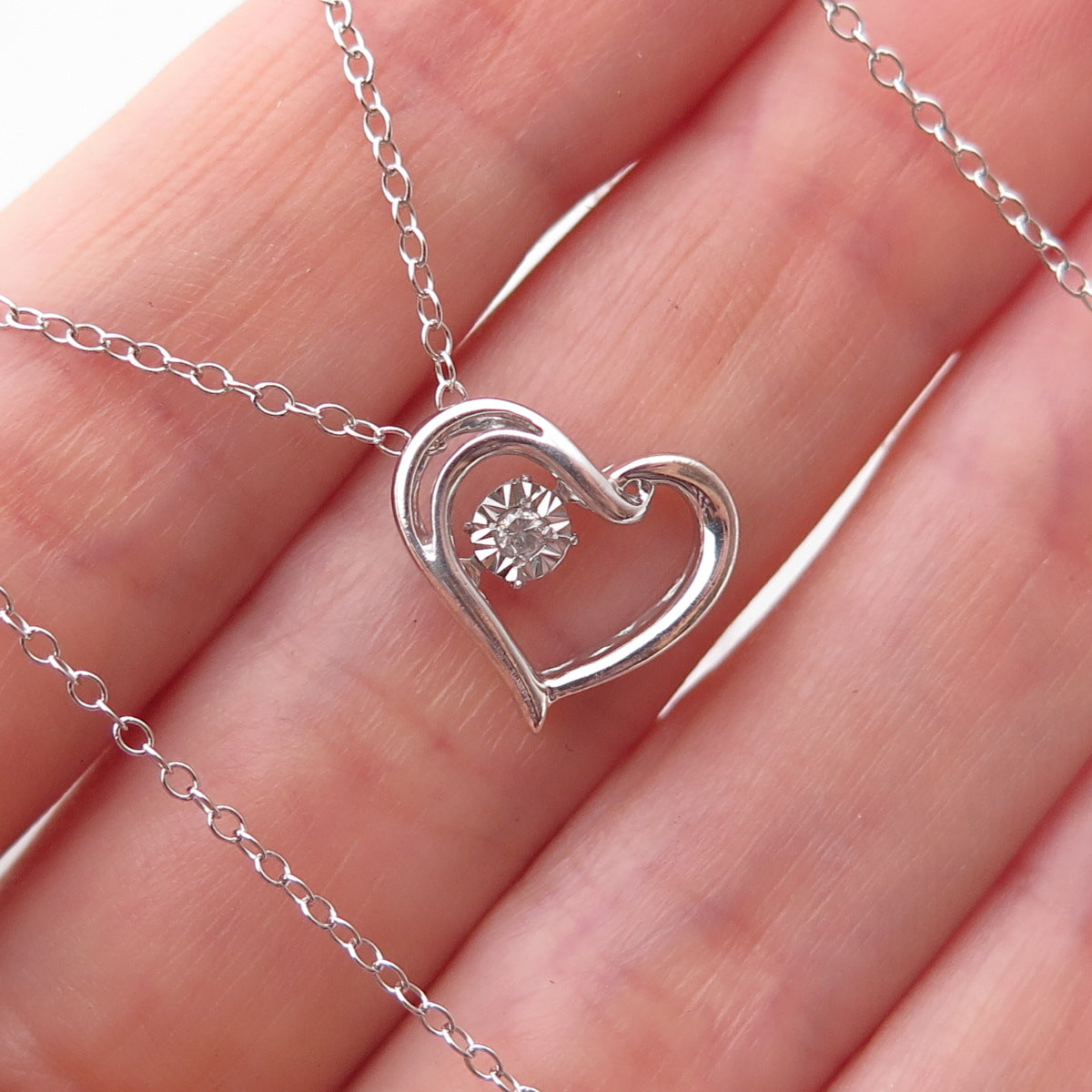 925 Sterling Silver Real Round-Cut Diamond Heart Cable Chain Necklace 18"