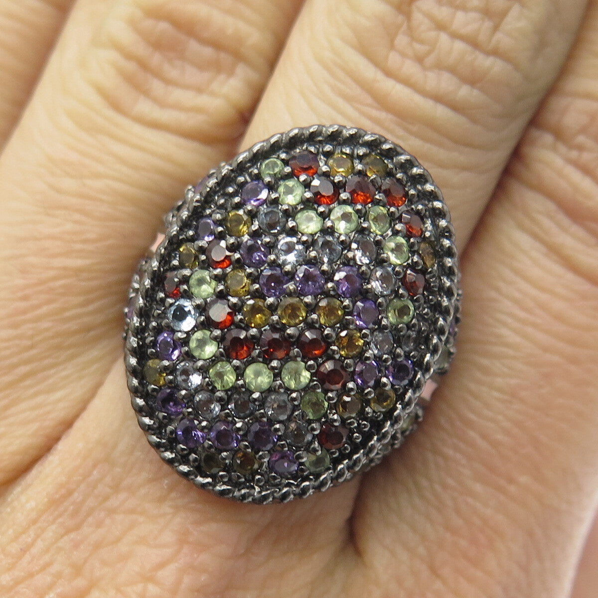 925 Sterling Silver Black Rhodium Enamel Real Multi-Color Sapphire Ring Size 7