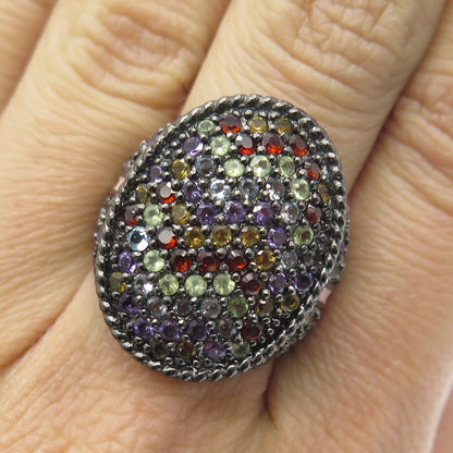 925 Sterling Silver Black Rhodium Enamel Real Multi-Color Sapphire Ring Size 7