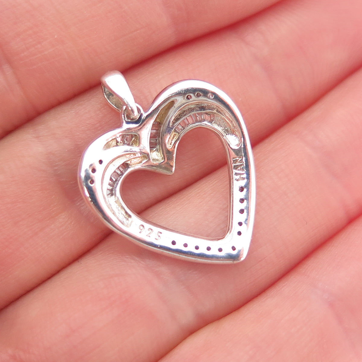 HAN Sterling Silver Real Round & Tapered Baguette-Cut Diamond Heart Mini Pendant