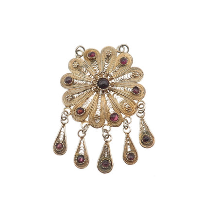 925 Sterling Gold Plated Vintage Real Garnet Filigree Floral Centerpiece Pendant