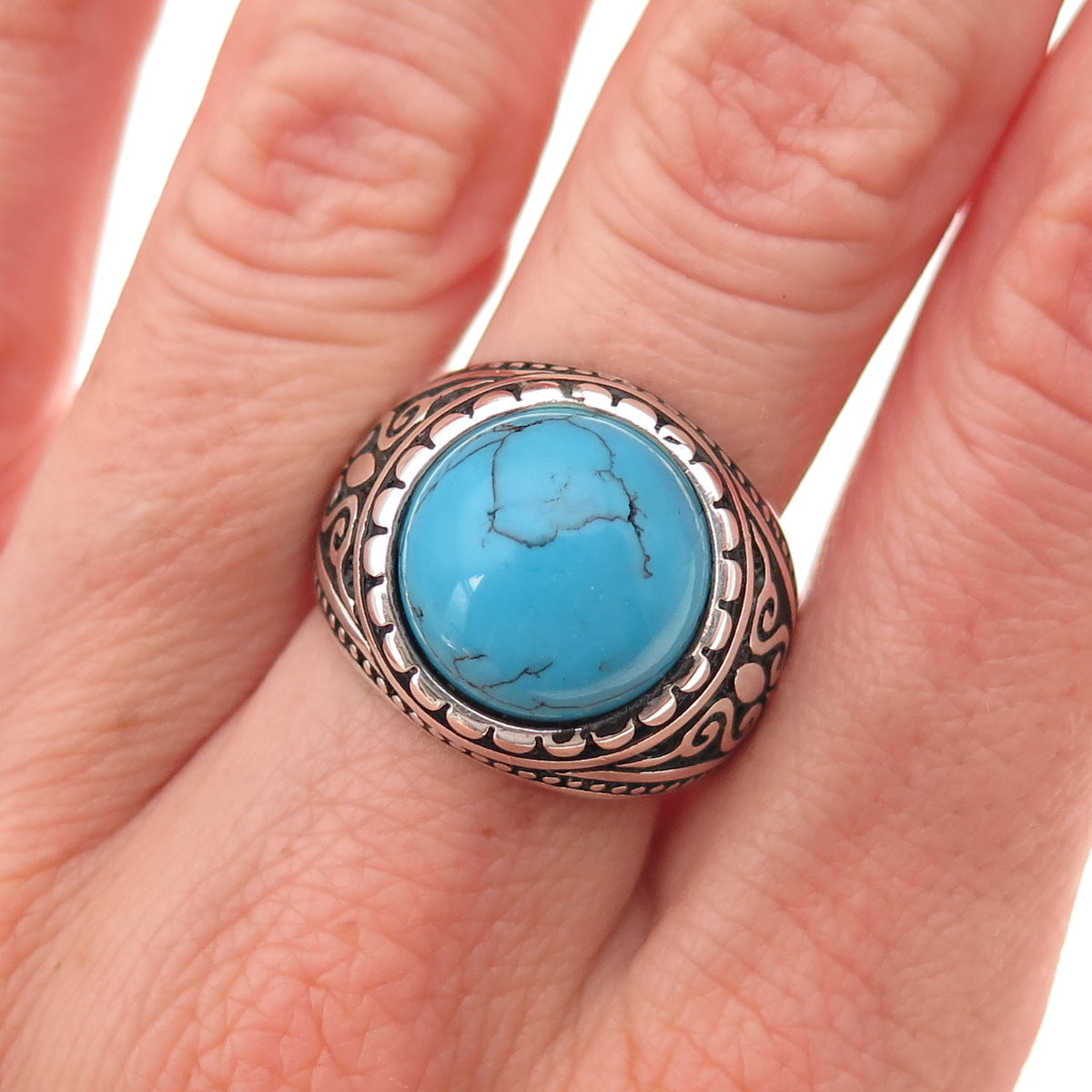 925 Sterling Silver Vintage Real Turquoise Oxidized Ring Size 9.25