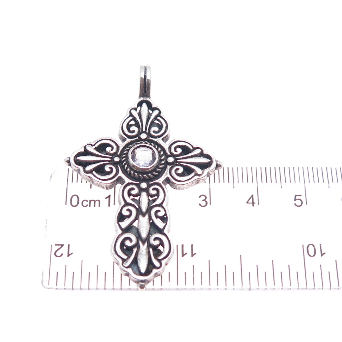 925 Sterling Silver Vintage Real Amethyst Floral Cross Oxidized Pendant