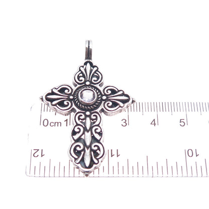 925 Sterling Silver Vintage Real Amethyst Floral Cross Oxidized Pendant