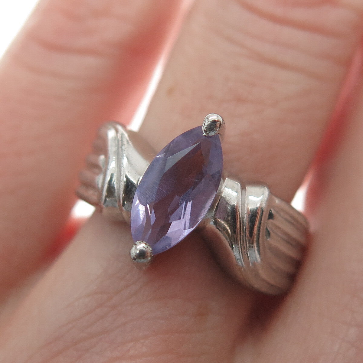 MONICA JAIN 925 Sterling Silver Vintage Real Marquise-Cut Amethyst Ring Size 6