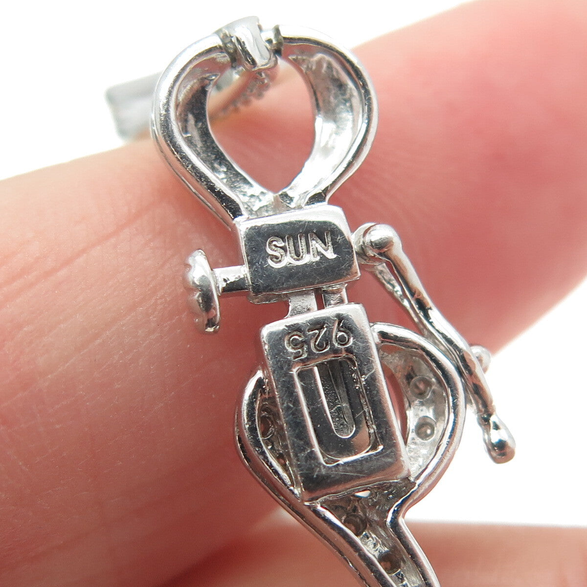SUN 925 Sterling Silver Real Round-Cut Diamond Heart Link Bracelet 7.25"