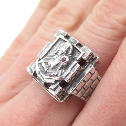 925 Sterling Silver Vintage Real Ruby St. Barbara Religious Oxidized Ring Size 9