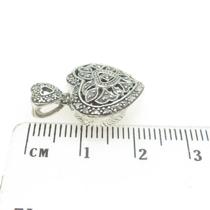 925 Sterling Silver Real Round-Cut Diamond Double Heart Floral Pendant