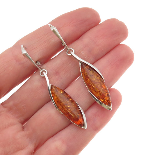 925 Sterling Silver Vintage Real Amber Modernist Dangle Earrings