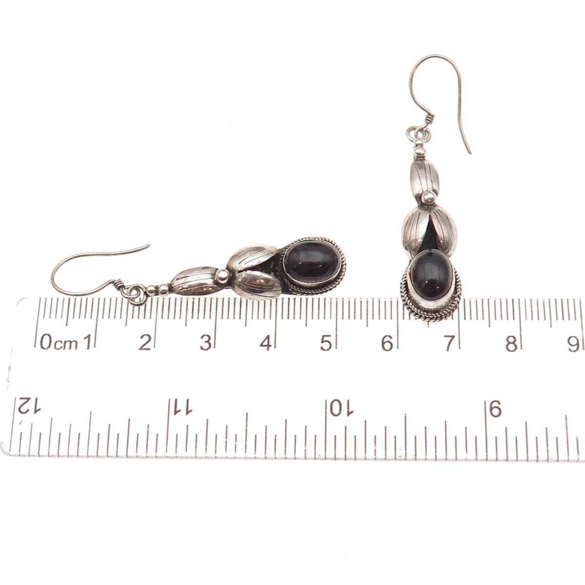 925 Sterling Silver Vintage Real Black Onyx Floral Oxidized Dangle Earrings