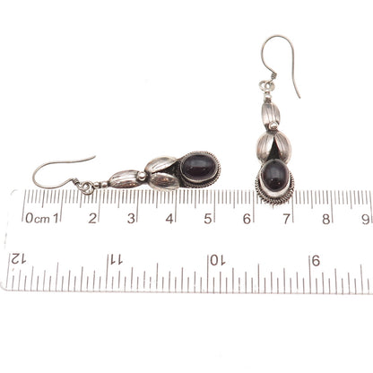 925 Sterling Silver Vintage Real Black Onyx Floral Oxidized Dangle Earrings