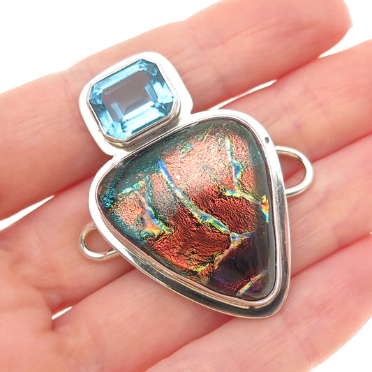 TABRA Sterling Vintage Dichroic Glass Real Blue Topaz Modernist Slide Pendant