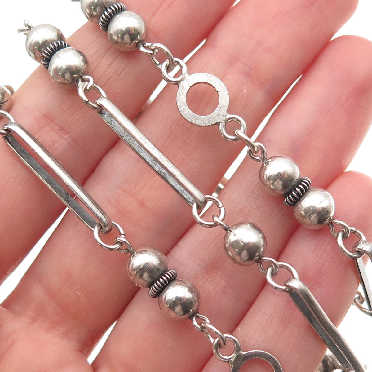 925 Sterling Silver Antique Art Deco Cannetille Beaded Bar Chain Necklace 24"