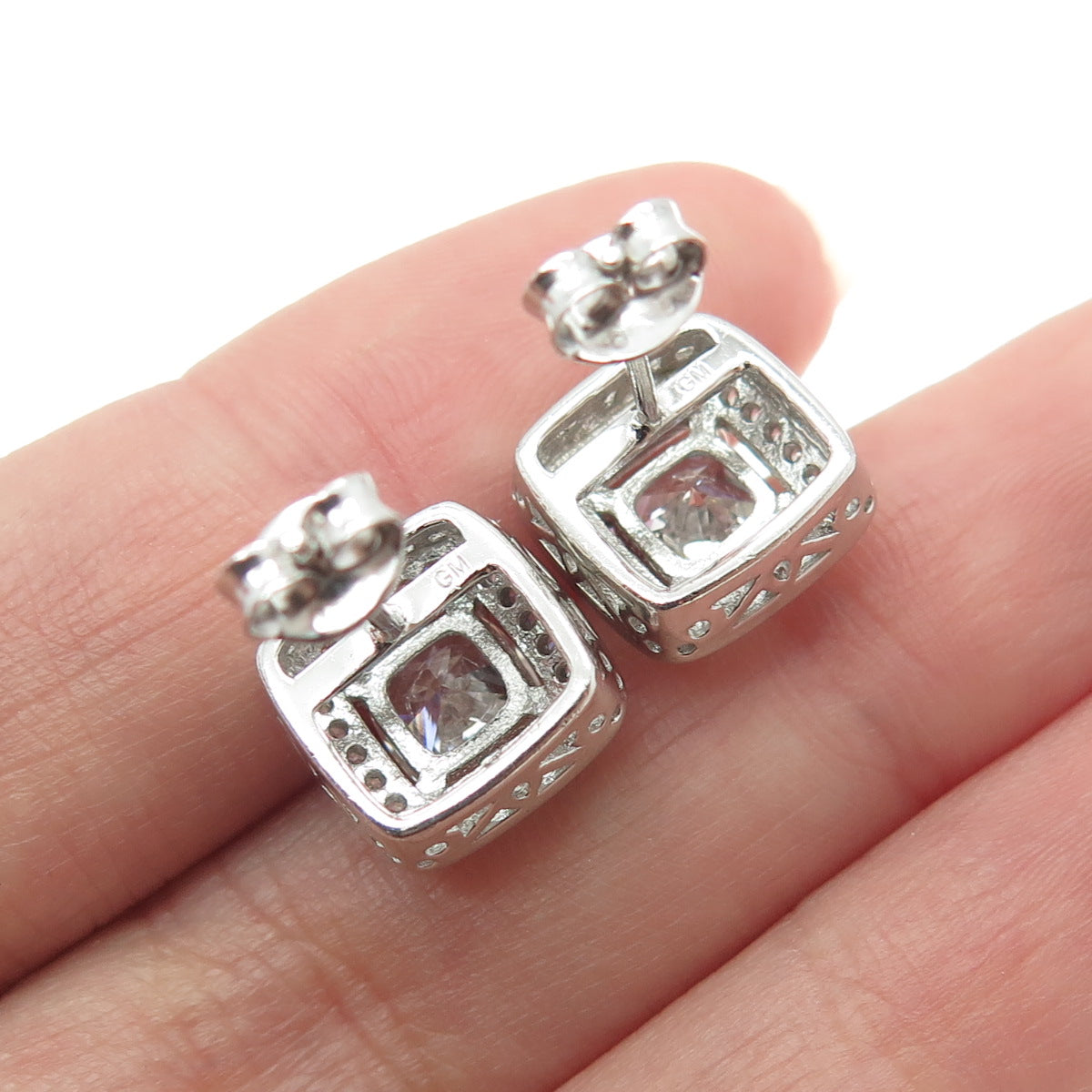 925 Sterling Silver Round-Cut Shaped C Z Square Stud Earrings