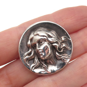 925 Sterling Silver Antique Art Deco Lady Cameo Repousse Oxidized Pin Brooch