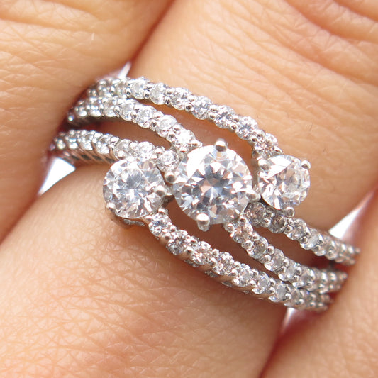 925 Sterling Silver Round-Cut C Z 3-Row Wavy Ring Size 7.25