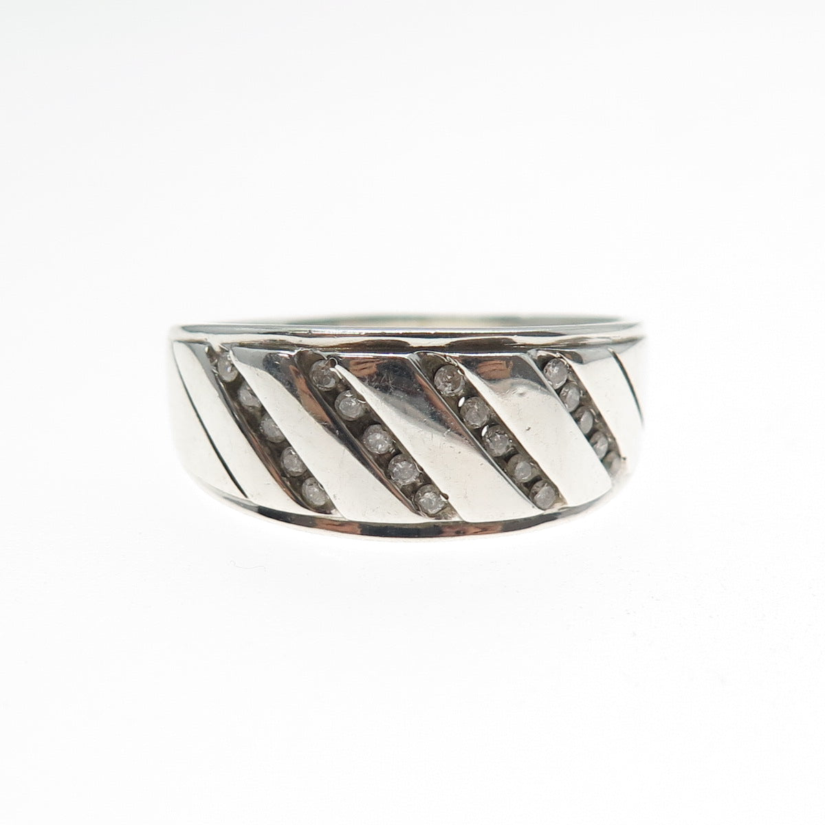 925 Sterling Silver Real Round-Cut Diamond Ribbed Ring Size 13