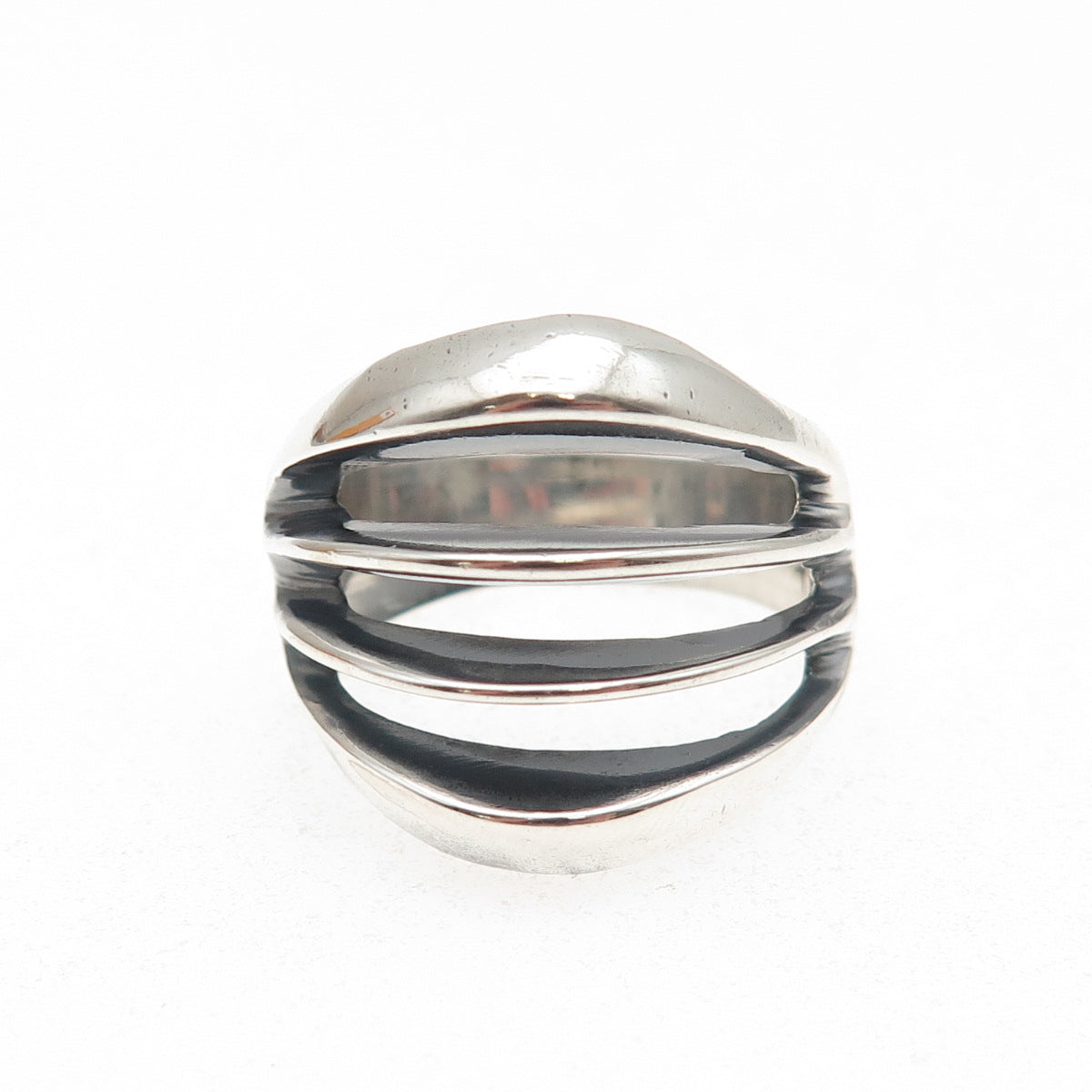 925 Sterling Silver Vintage Mexico Modernist 4-Row Oxidized Ring Size 8.75