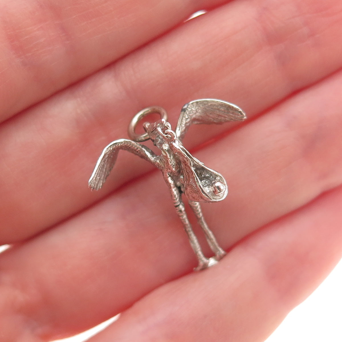 925 Sterling Silver Vintage Stork Delivering Baby 3D Mini Charm Pendant
