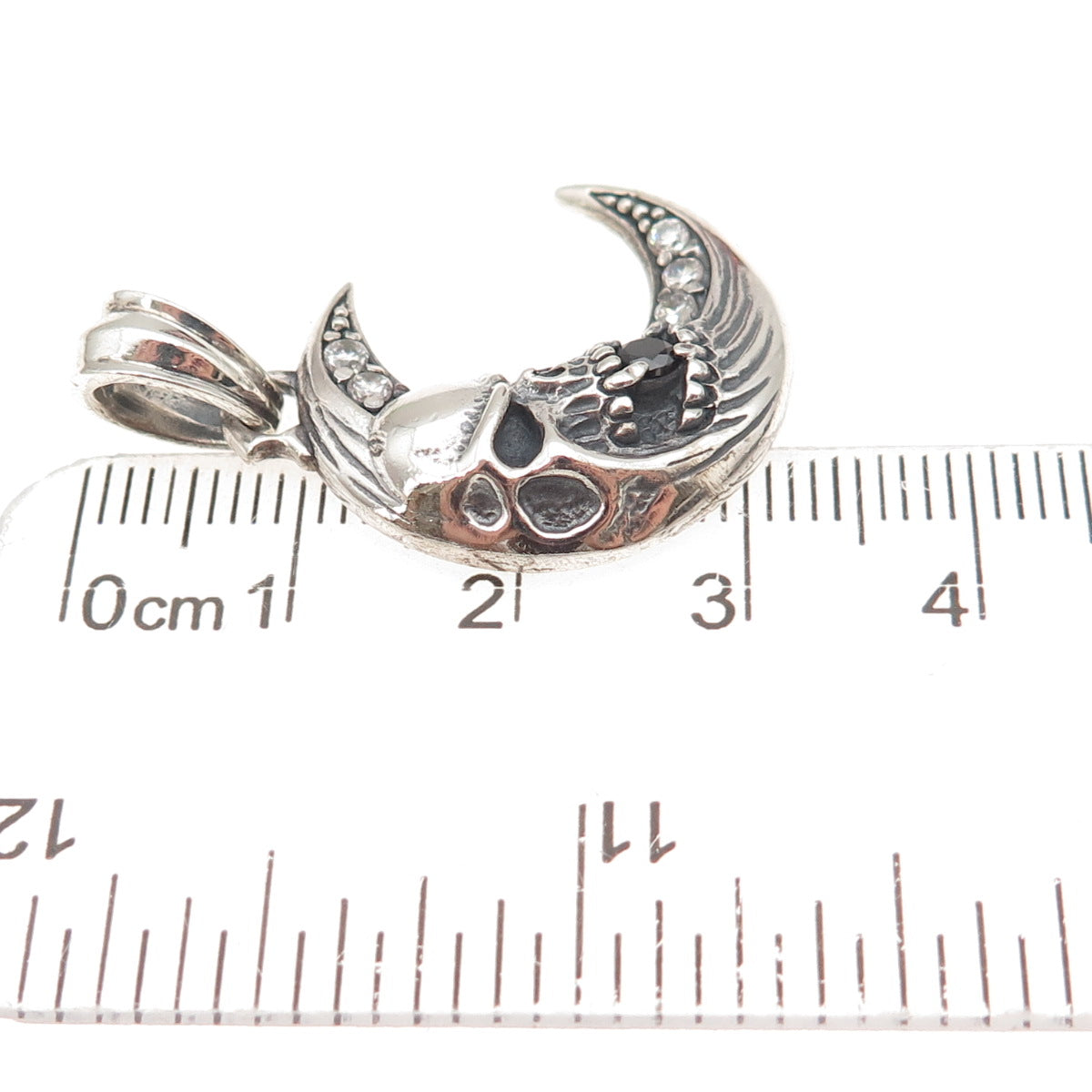 925 Sterling Silver Vintage Real Black Spinel & C Z Skull Crescent Biker Pendant