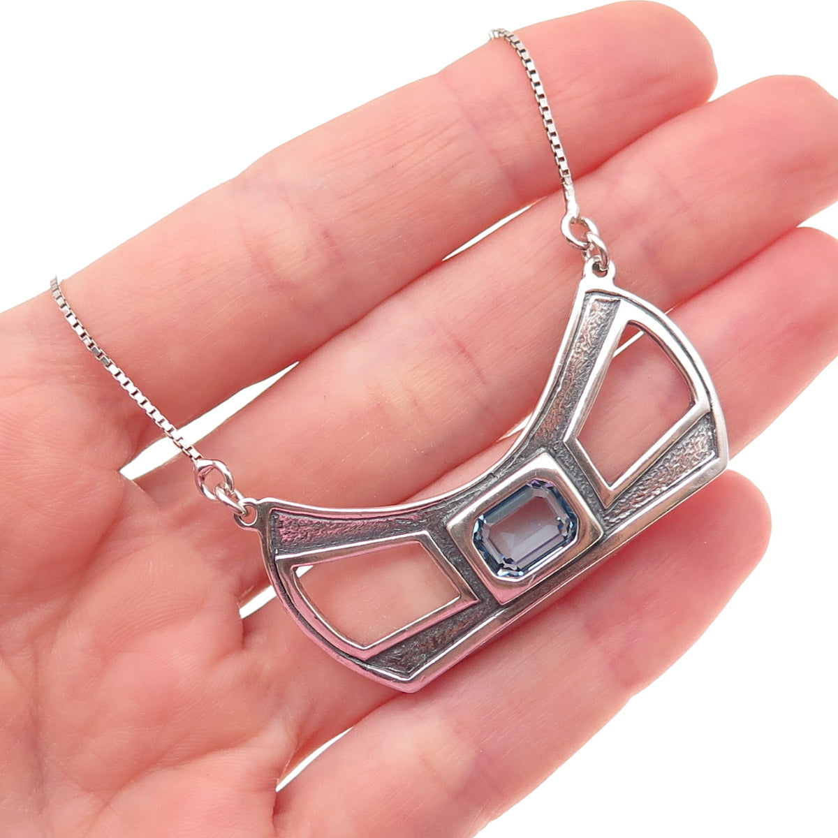 Noy Li 925 Sterling Silver Vintage Israel Blue C Z Bow Box Chain Necklace 18"