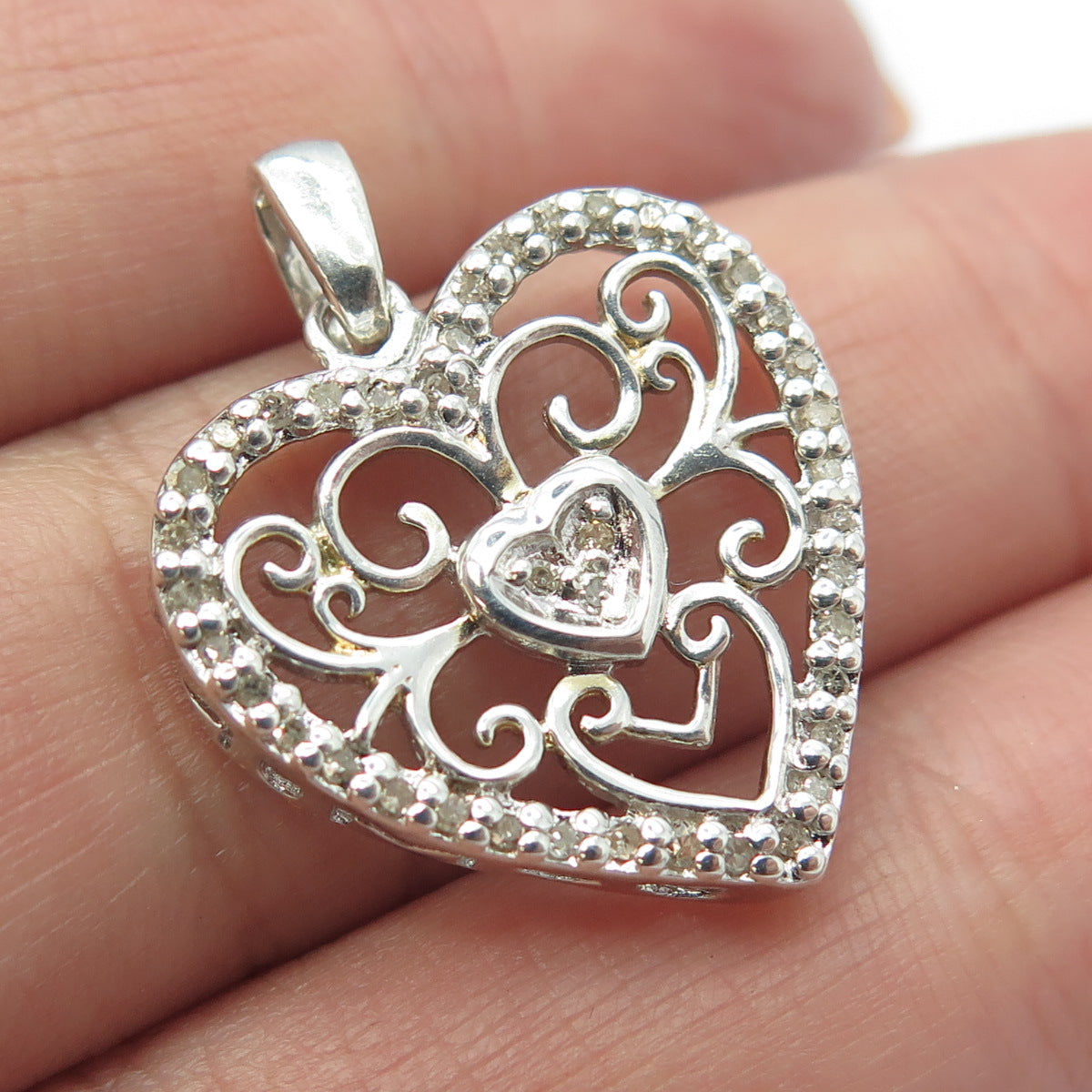 925 Sterling Silver Real Round-Cut White Diamond Ornate Heart Pendant