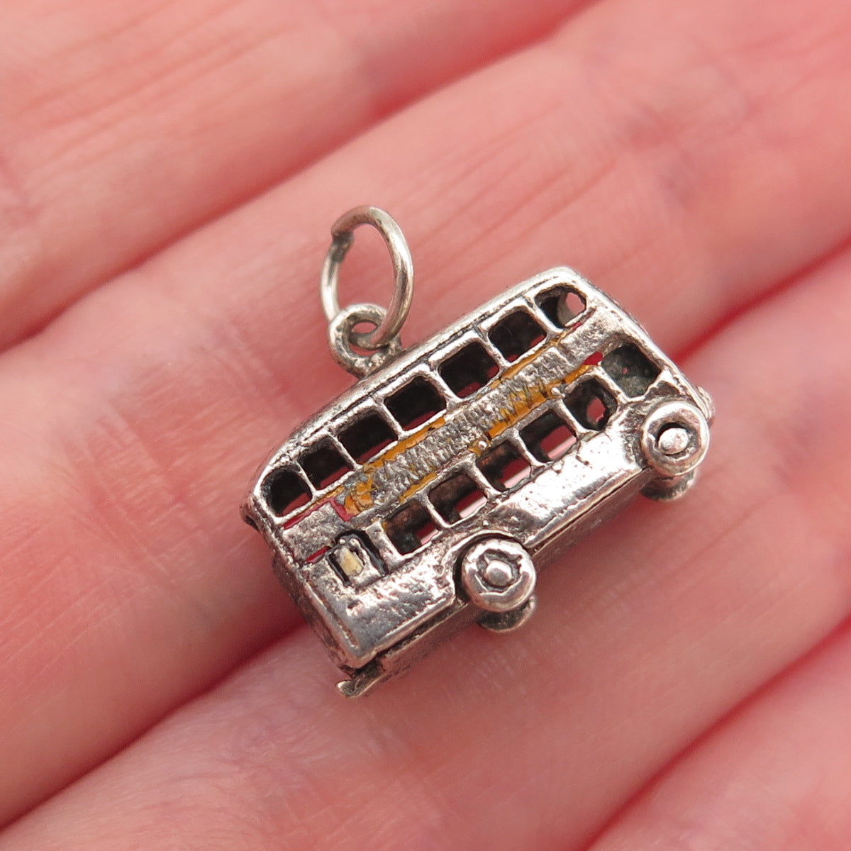 925 Sterling Silver Vintage Enamel London Double Decker Open Bus 3D Mini Pendant