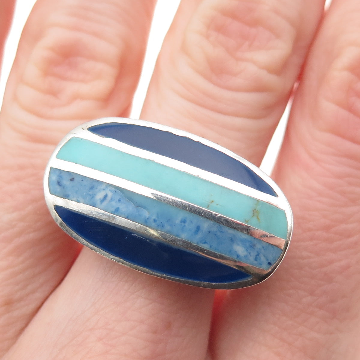 ATI Annika Witt Sterling Silver Vintage Real Turquoise & Lapis Ring Size 7.75