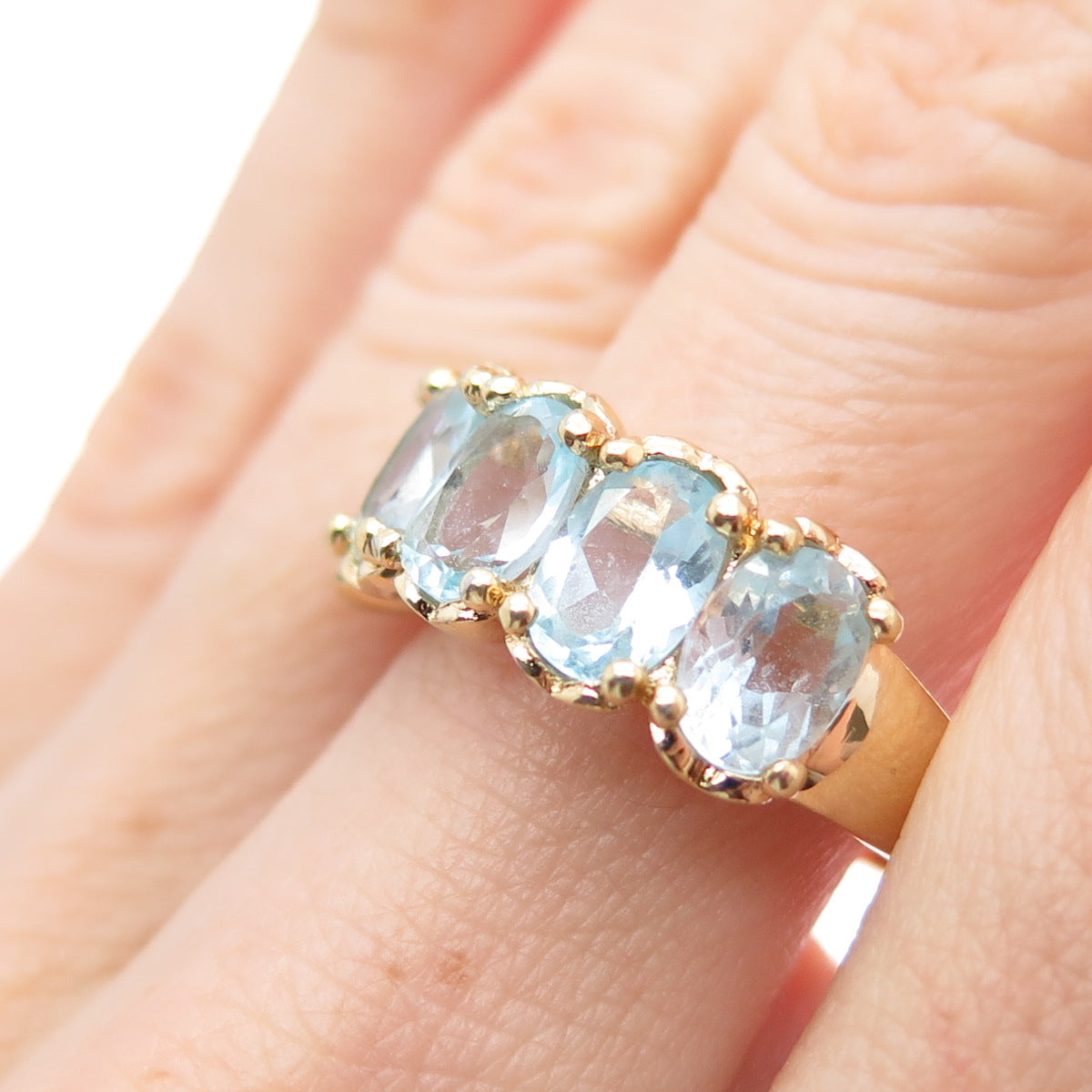 925 Sterling Silver Gold Plated Vintage Real Oval-Cut Blue Topaz Ring Size 8