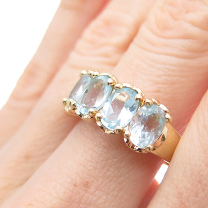 925 Sterling Silver Gold Plated Vintage Real Oval-Cut Blue Topaz Ring Size 8