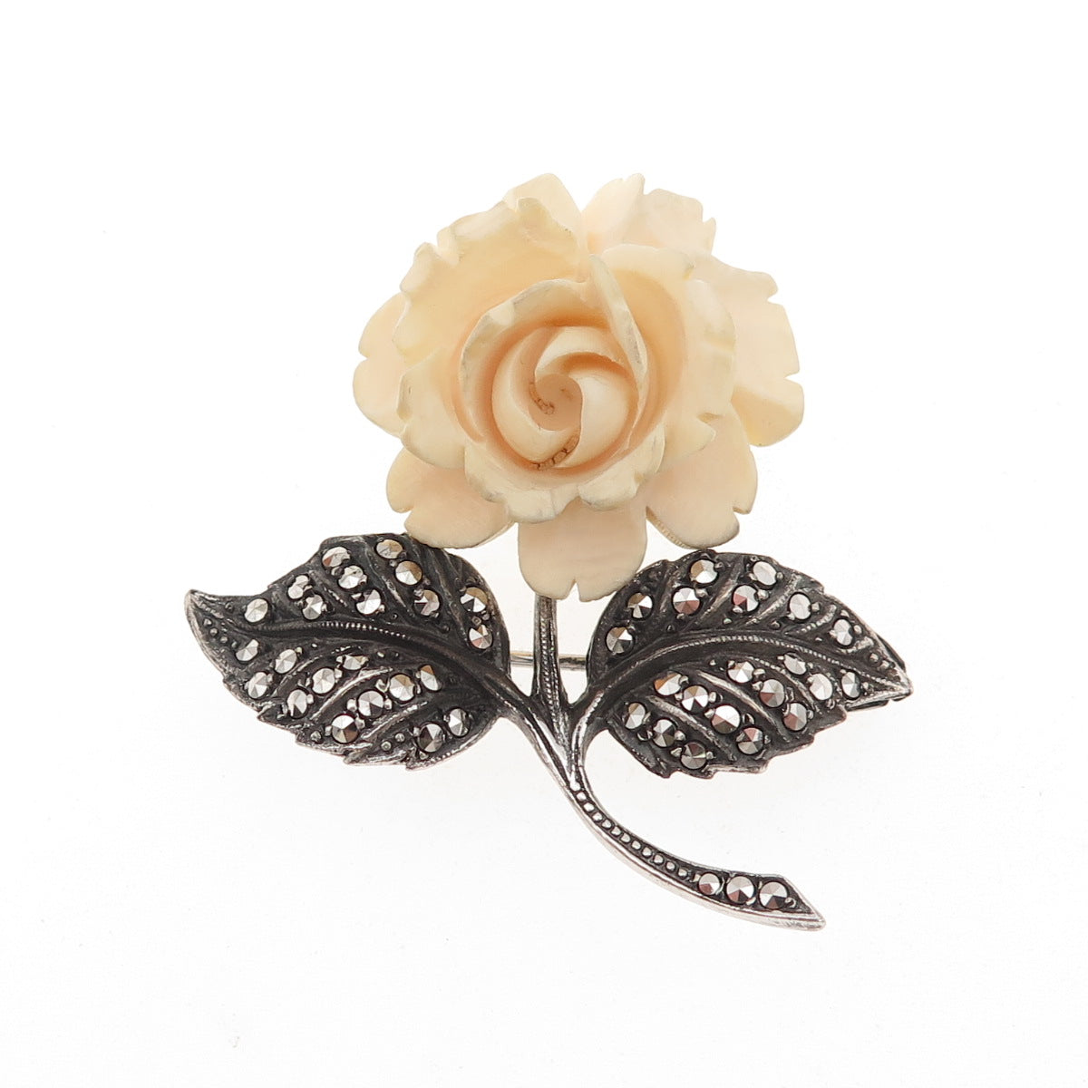 925 Sterling Silver Antique Art Deco Germany Real Marcasite Rose Pin Brooch