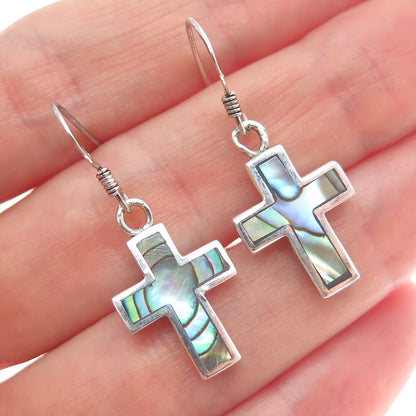 ATI ANNIKA WITT Sterling Silver Vintage Real Abalone Shell Cross Dangle Earrings