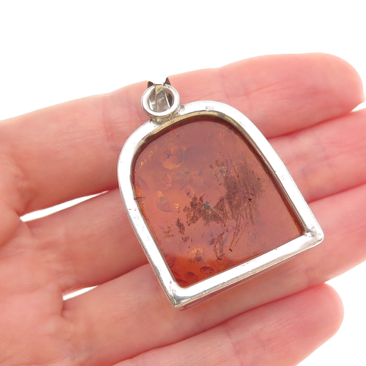 925 Sterling Silver Vintage Real Amber Modernist Pendant