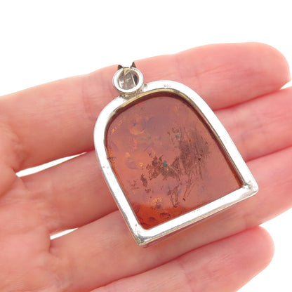 925 Sterling Silver Vintage Real Amber Modernist Pendant